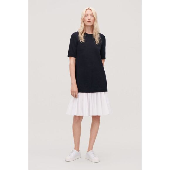 COS Dresses & Skirts - COS Panelled Cotton Knit Dress Women's Size S Black Flared Woven Panel A-Line